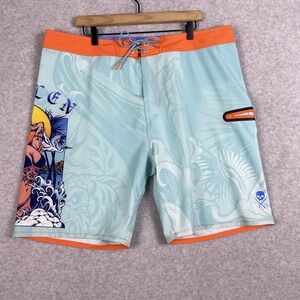 Sullen Art Collective‎ Board Shorts Mens 38 Tattoo Graphic Aqua Orange Swim Surf